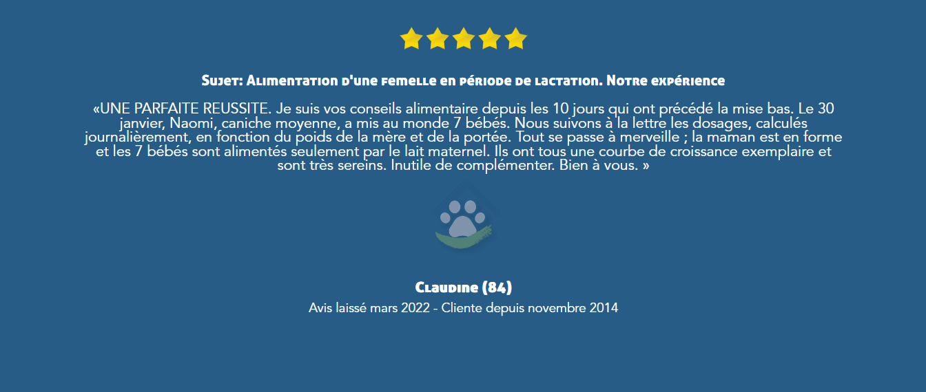 L'avis de Claudine sur les recettes sur mesure pour femelle en lactation